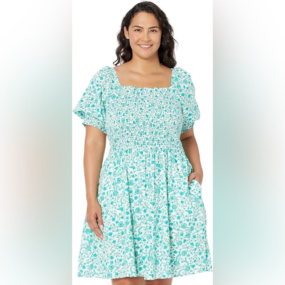 Draper James Cam Smocked Puff Babydoll Dress Large Milkmaid Woodblock Cottage